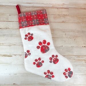 Pet Dog Paw Print Red White Christmas Stocking 18” Plaid